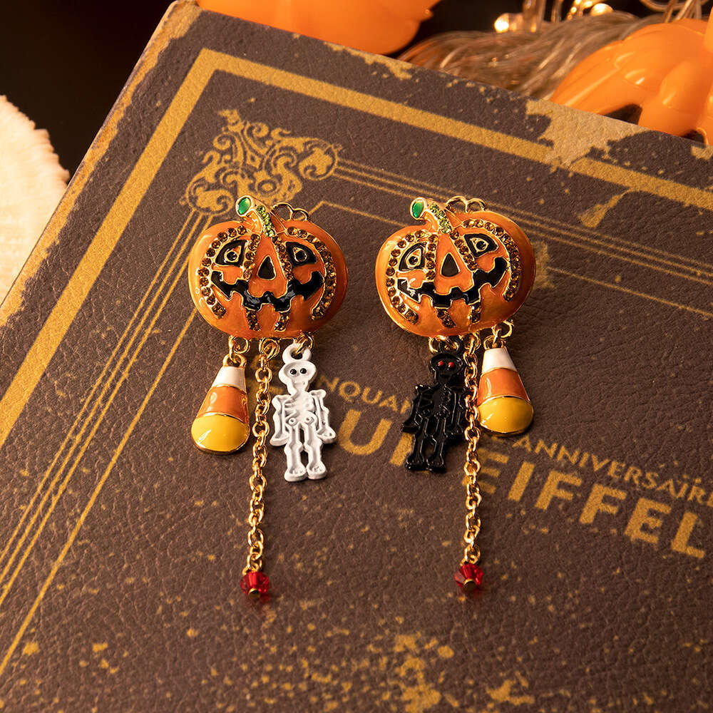 Fashionable Quirky Halloween Pumpkin Pendant Tassel Creative Personality Long Rhinestone Earrings