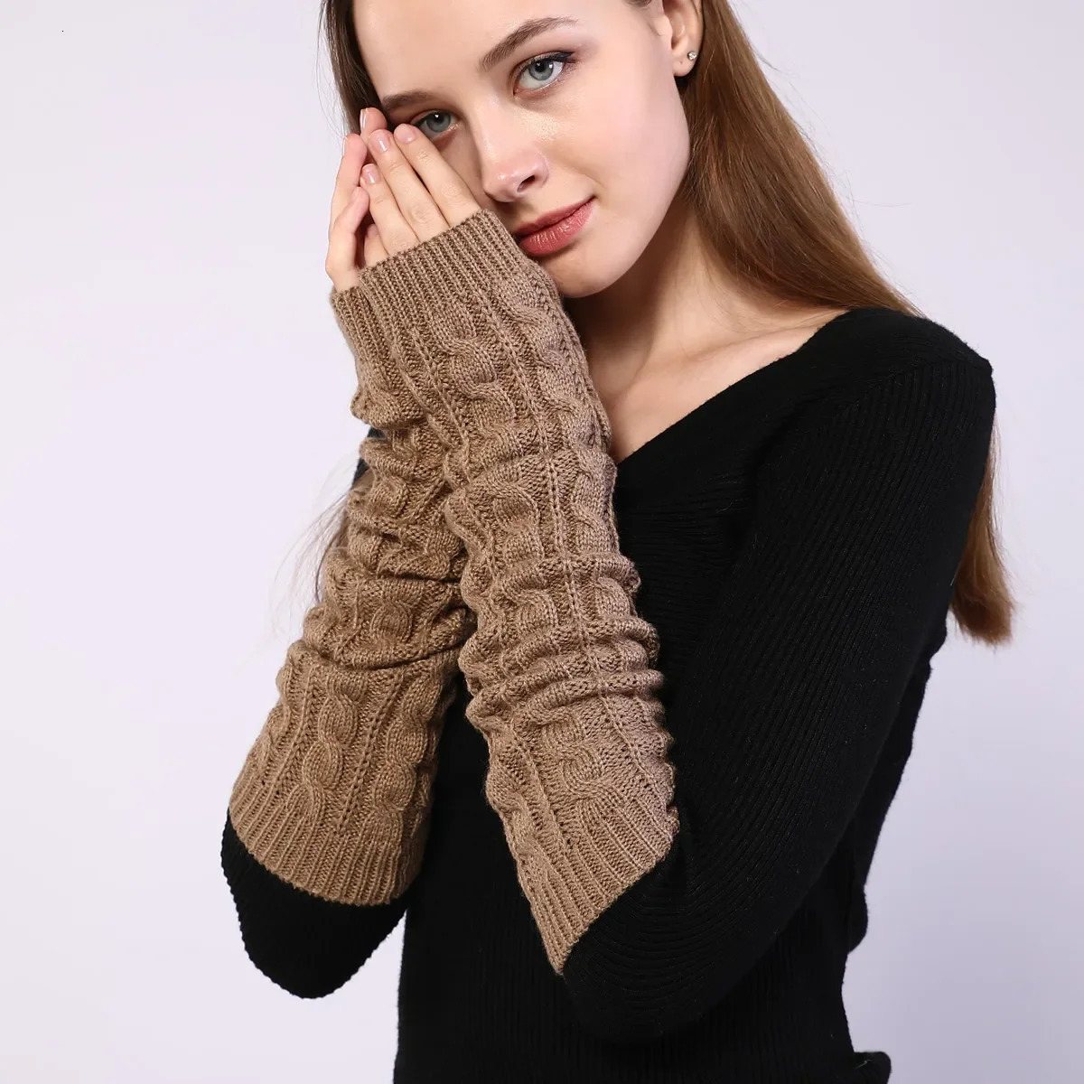 Womens Autumn Winter Woolen Fingerless Gloves Long Knitting Warm Cover Arm Warmers Sleeve for Women 251021