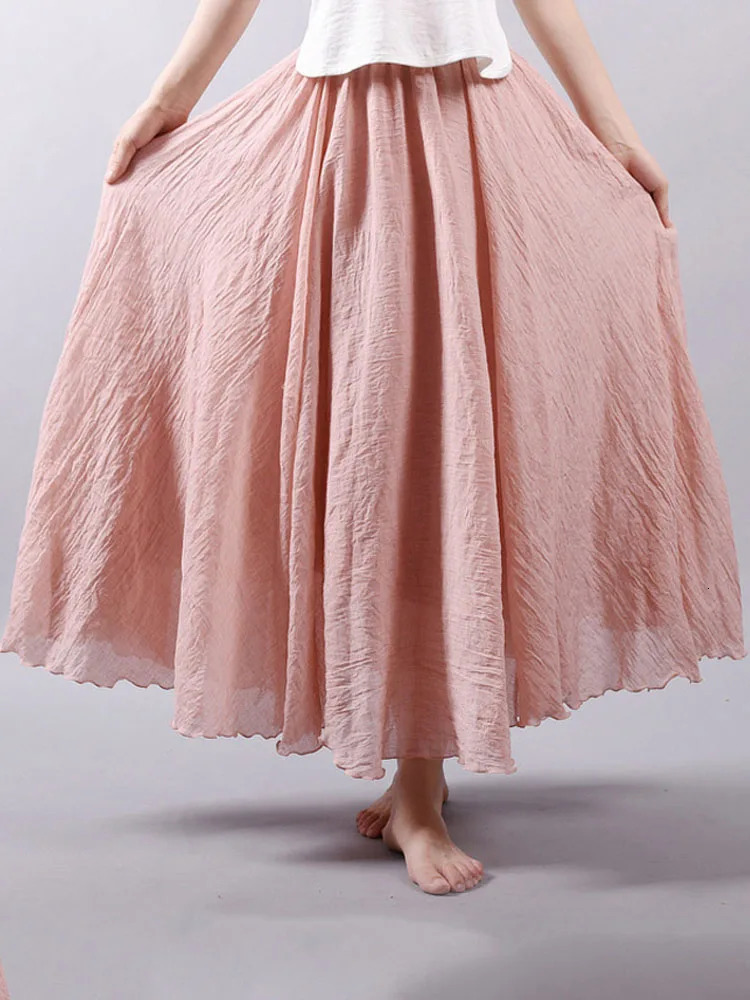Womens Elegant High Waist Linen Maxi Skirt Summer Ladies Casual Elastic Waist 2 Layers Skirts saia feminina 251013