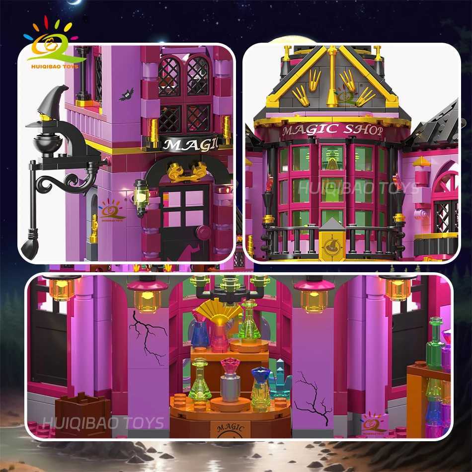 HUIQIBAO Halloween Witch House Wizard Bar Magic Shop Micro Model Building Block City DIY Store Assembly Brick Toys for Children C251023