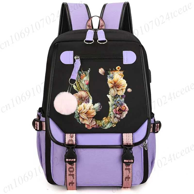 26 Alphabet Flower Women Schoolbag Waterproof Large Capacity School Backpack Zipper Teens Girl Casual Daypack Bag Student NEW W251025