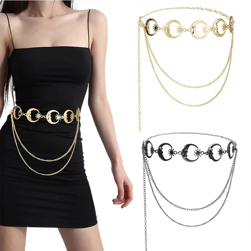 Women Star Moon Metal Waist Chain Multilayer Punk Gothic Golden Silver Hollow Chain Belt Female Dress Jewelry Body Chain 251023