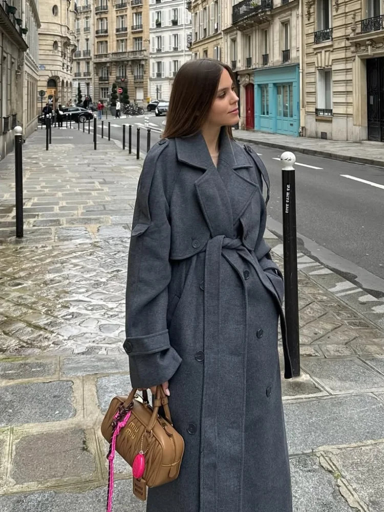 Fashion Belted Mini Maxi Overcoat For Women Elegant Lapel Wide Shoulder Single Breasted Jacket Lady Autumn Winter Outerwear 251013