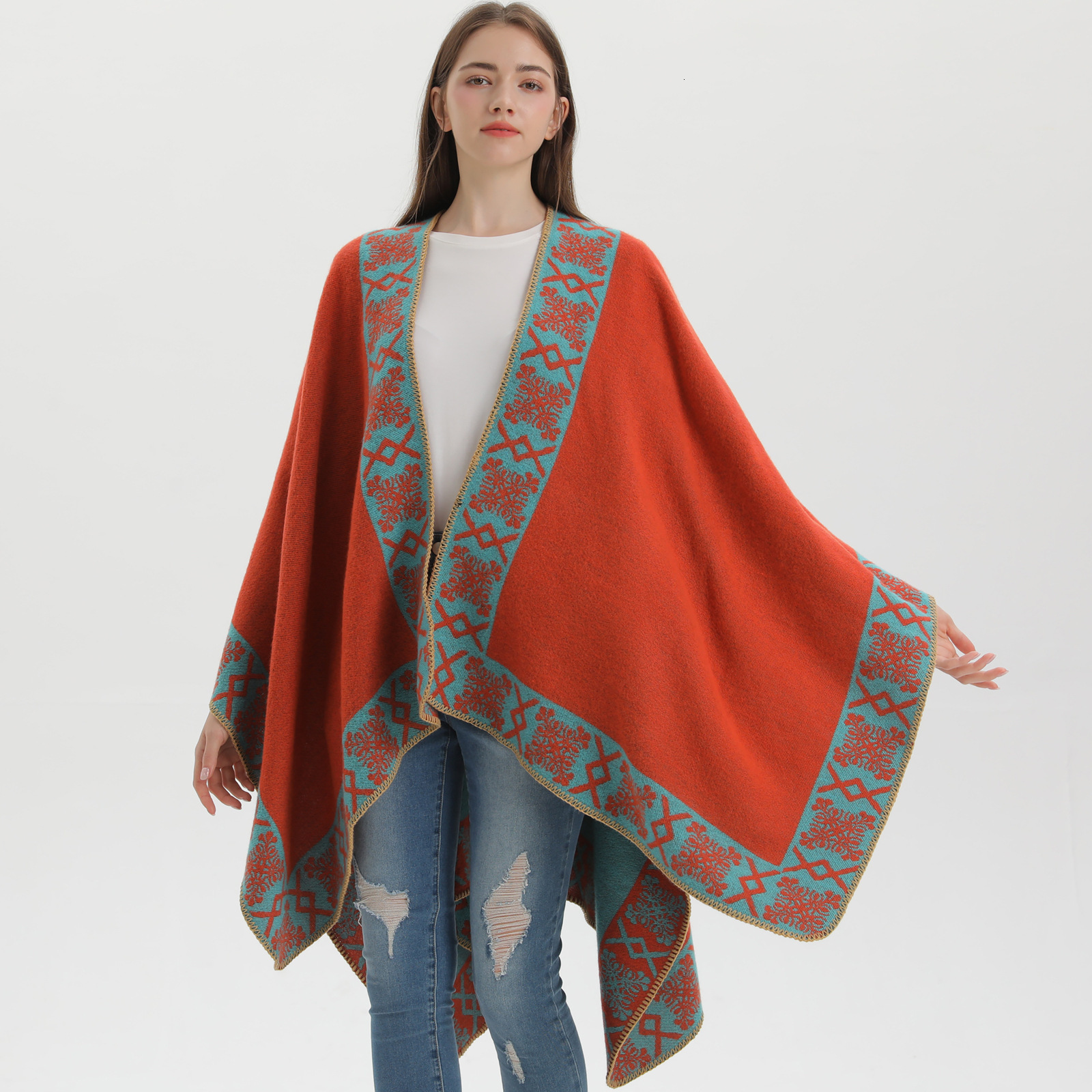 New Womens Split Shawl Autumn Winter Ethnic Style Imitation Cashmere Thickened Warm Cape Scarf Outerwear