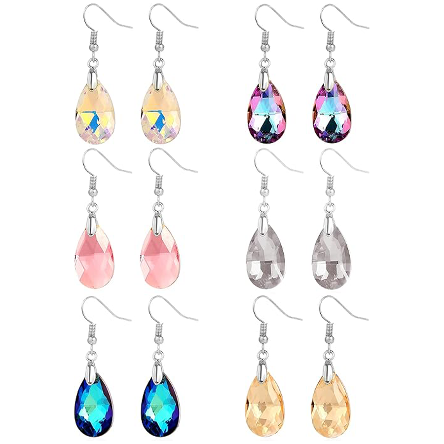 6 Pairs Leverback Dangle Earrings Set Earring Multicolor Tear Drop Cubic Zirconia Drop Earrings For Women