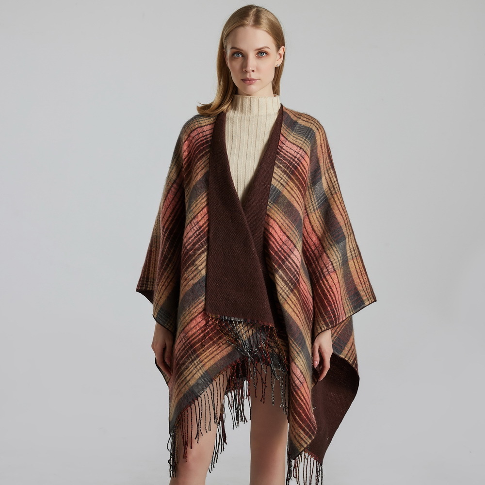 Scottish Classic Colorful Plaid Shawl Cape Imitation Cashmere Tassel Thickened Warm Split Shawl