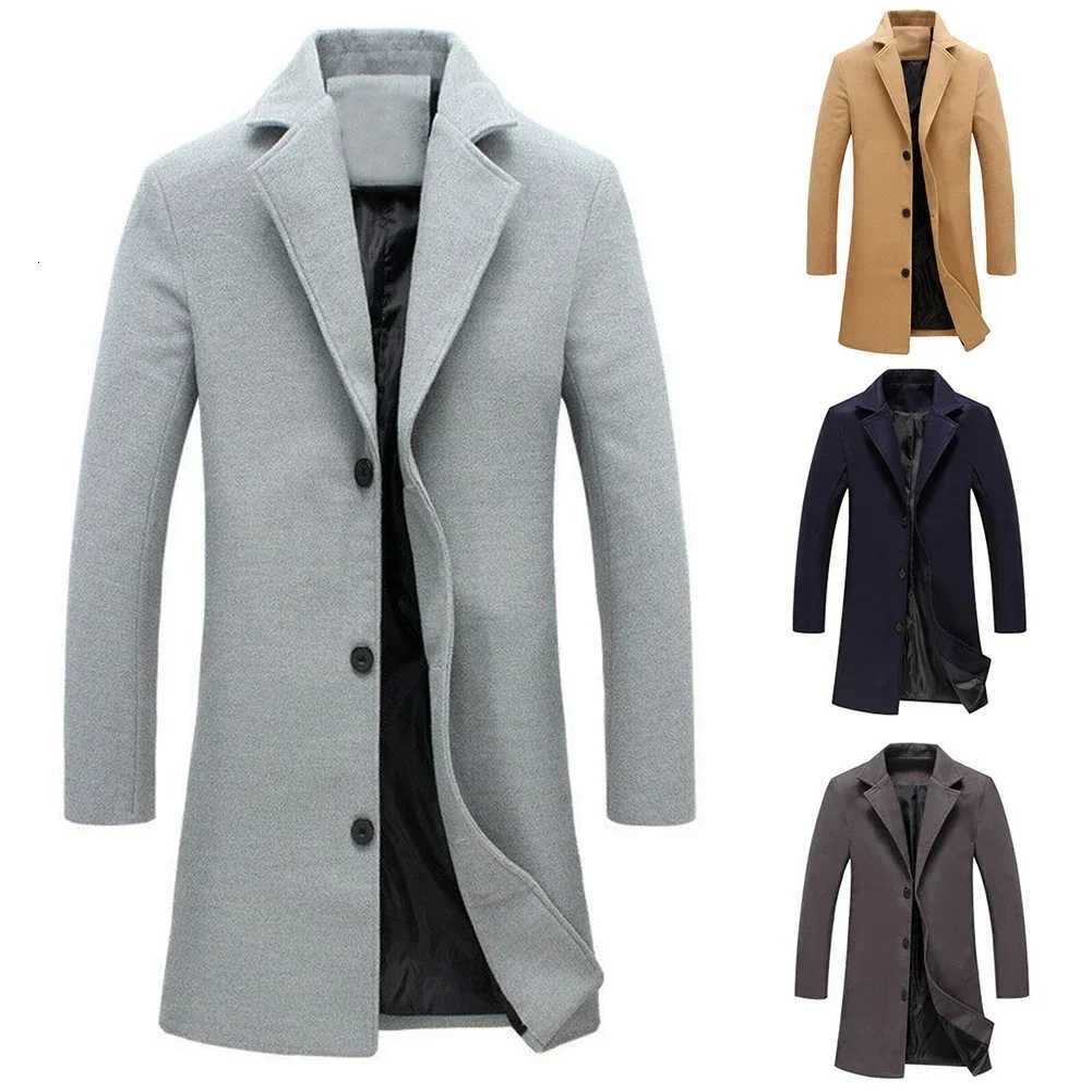 Spring Autumn New Long Cotton Coat New Wool Blend Pure Color Casual Business Fashion Mens Clothing Slim Windbreaker JacketT251025