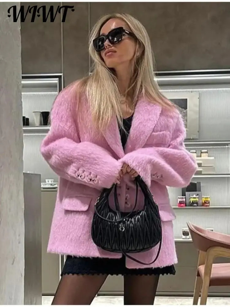 Pink Lapel Woolen Plush Coats Women Elegant Long Sleeve Button Office Lady Blazer Jacket Winter Fashion Packet Loose Coat 251020