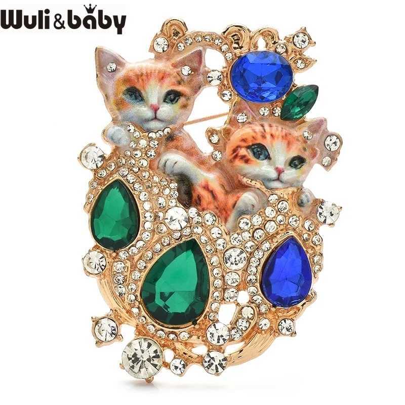 Wulibaby Lovely 2 Cats Brooch Pins 4color Enamel Royal Style Charming Cat Pets Brooches For Womens Clothes Badge Gifts J251115