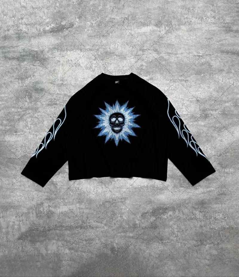 Gothic Punk Harajuku Y2K Casual Loose Black Cotton Long Sleeve Men American Retro Street Hiphop Fashion Oversized Top Women 251020