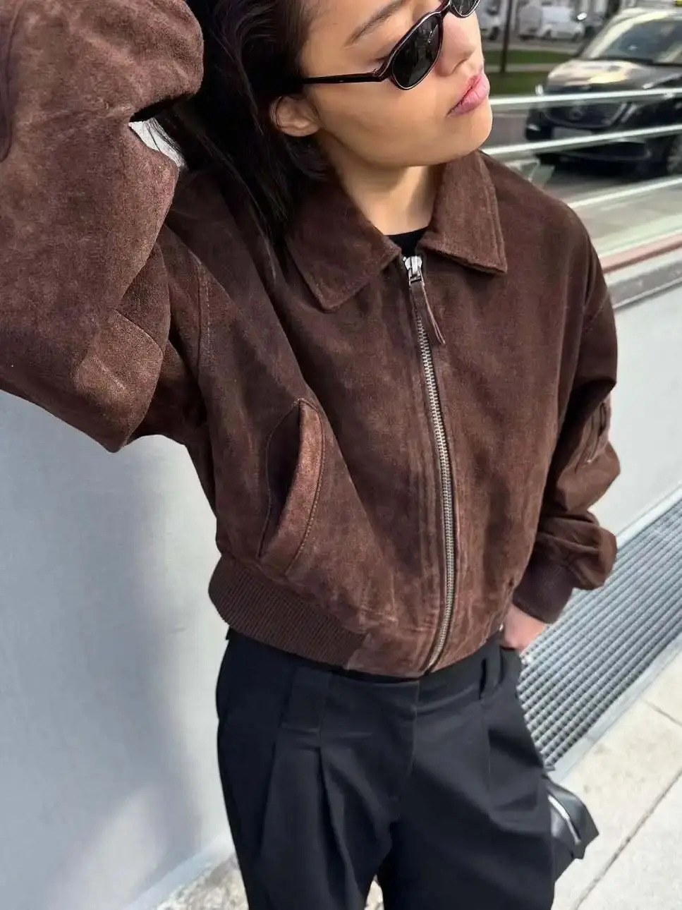 Suede Jacket Women Autumn Winter Long Sleeve Zipper Crop Coat Female High Street Outerwear Vintage Jackets Clothes 251020