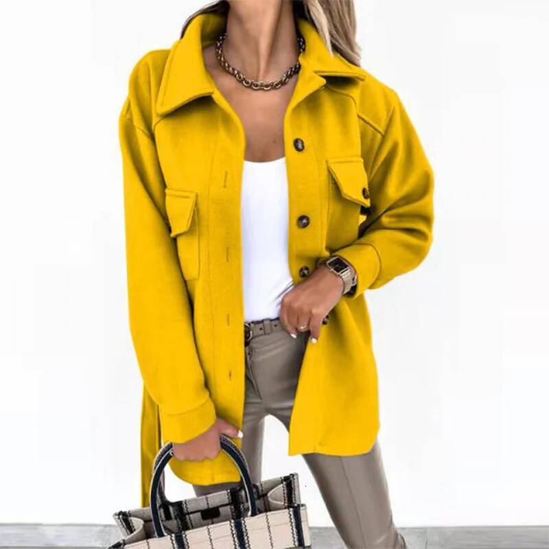 2023 Autumn/Winter New Women's Long Sleeve Temperament Solid Color Polo Button Lace Up Woolen Coat dongdumaoyi