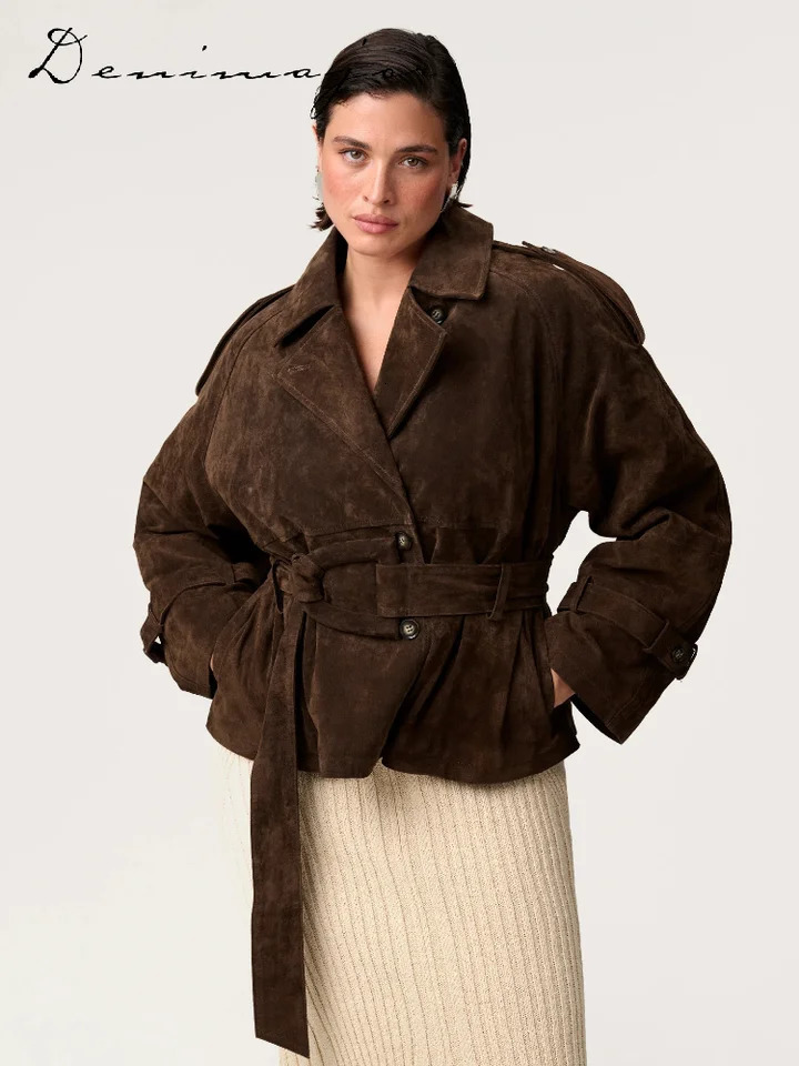 Vintage Lace Up Brown Suede Jacket Women Belt Loose Lapel Single Breasted Full Sleeve Jacket Autumn Lady Street Outwear 251020