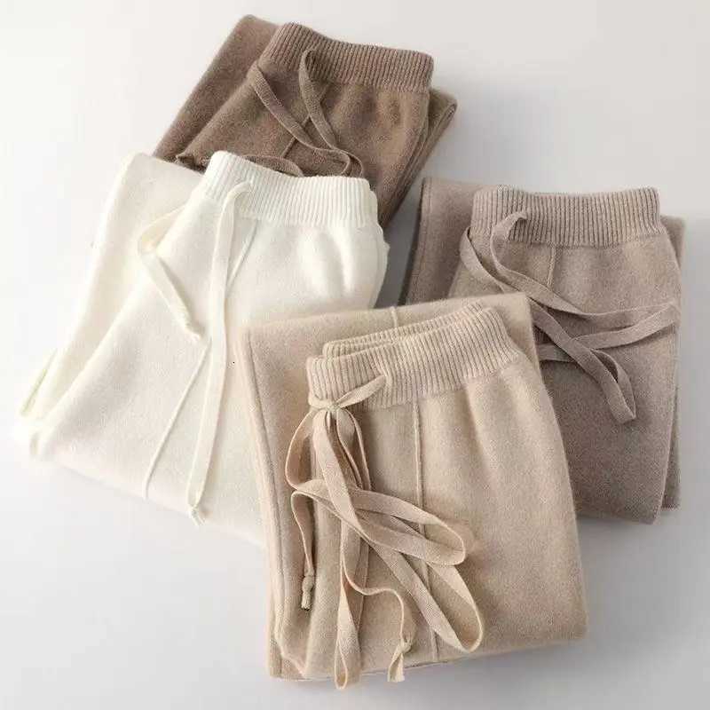 Women Merino Wool Knitted Wide Leg Pants Autumn Winter Basic Soft Warm Cashmere Knit Trousers Casual Simple Style KoreanT251025