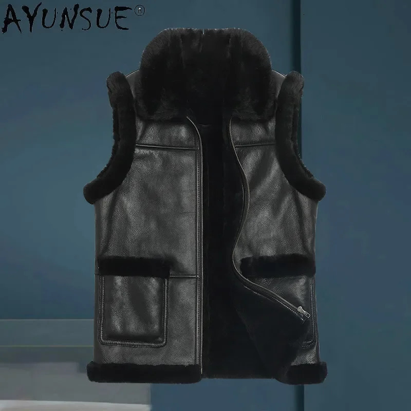 AYUNSUE Men Clothing Genuine Leather Jacket Mens Vest Autumn Fur Coat Mens Jackets Warm 100 Wool Vests Ropa Hombre LXR436 251020