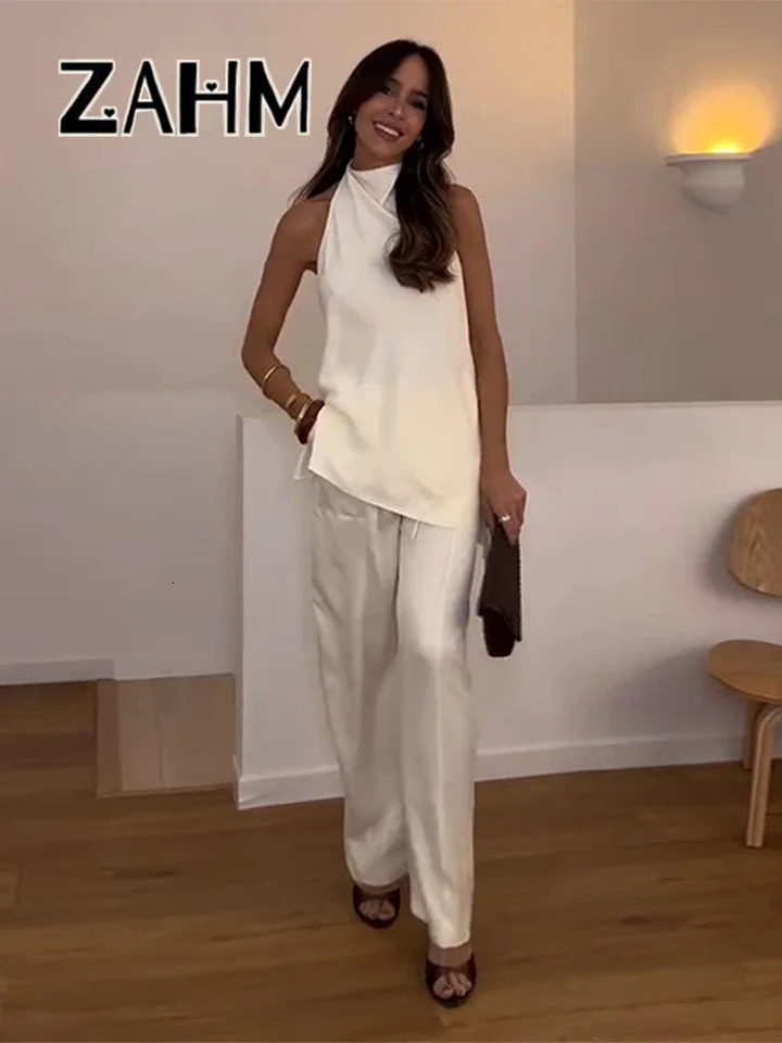 Elegant Satin Top Pants Sets Women Asymmetric Halter Backless Vest Lace Up Wide Leg Trousesr Female 2025 Summer Lady Outfits 251013