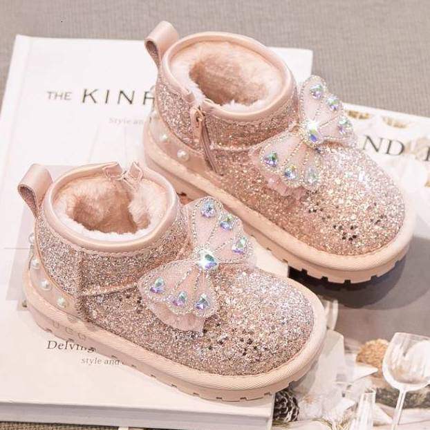 Girl designer fashionable princess snow boots new winter children's wool lining thickened waterproof anti slip baby cotton shoes