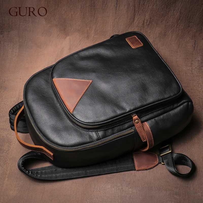 GURO Mens Genuine Leather Business Backpack Man Trend Cowhide School Bag Weekends Travel Hiking Bag 15 Inch Laptop Computer Bag W251025