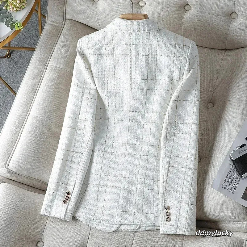 Ladies Jackets: Elegant White Suit Autumn Winter Wool Tweed Jacket, Casual Small Fragrance Outwear, Temperament Blazer Female Top Ddmylucky