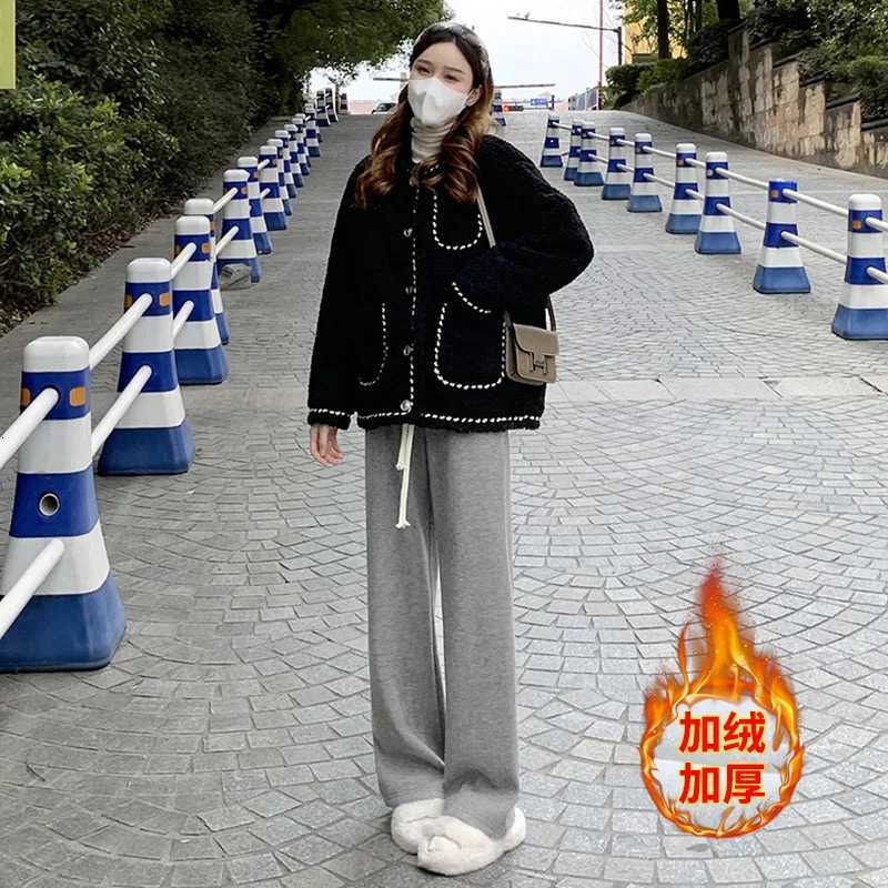 Imitation Cashmere Knitted for Women in Autumn Winter Thickened Velvet High Waist Loose Casual Straight Wide Leg PantsT251025