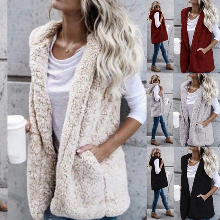 Autumn Winter Plus Size Women's Fashion Solid Color Sleeveless Hooded Pocket Fuzzy Vest