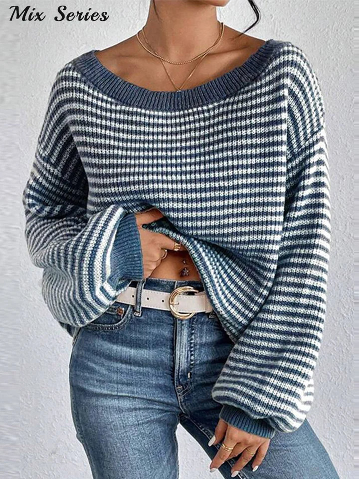 Loose Striped Drop Shoulder Pullover Women Oversized Long Lantern Sleeve Oneck Sweaters Autumn Female Casual Knitwear 251023
