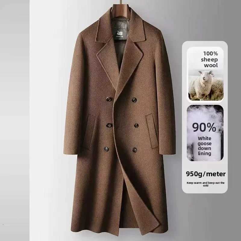 2025 AutumnWinter New Mens 100 Wool Coat Knee length Double breasted Goose Down Inner Tank Thickened for WarmthT251025