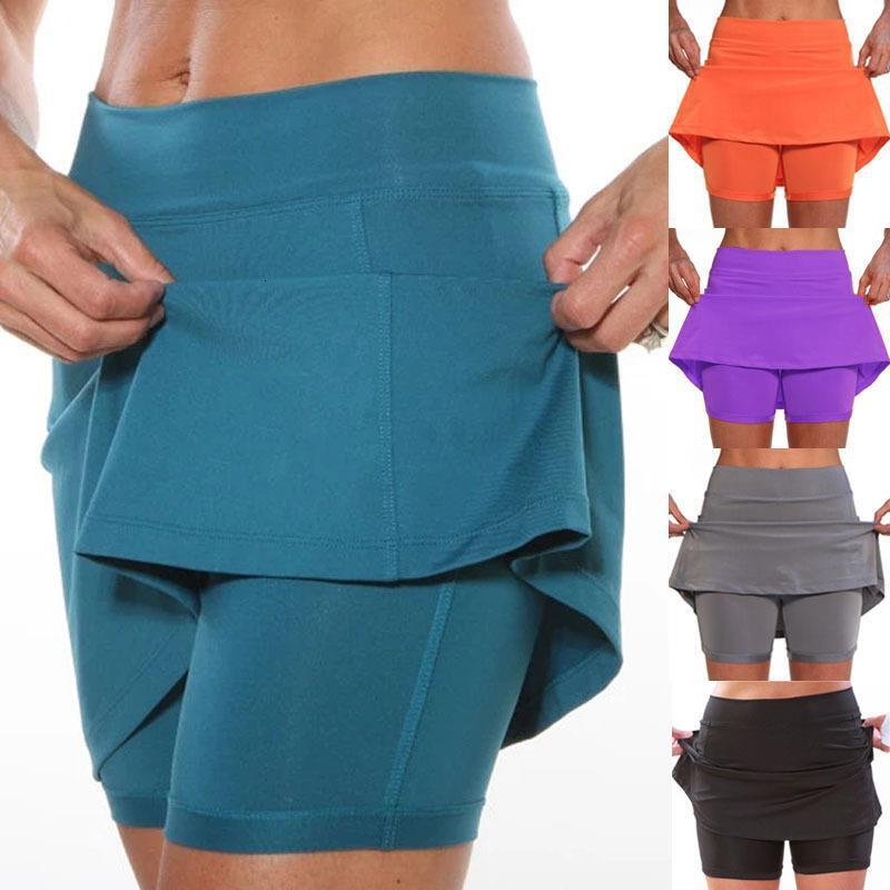 Summer Women's Solid Color Mid-Waist Pants with Pockets Sports Casual Fake Two-Piece Pocket Skirt