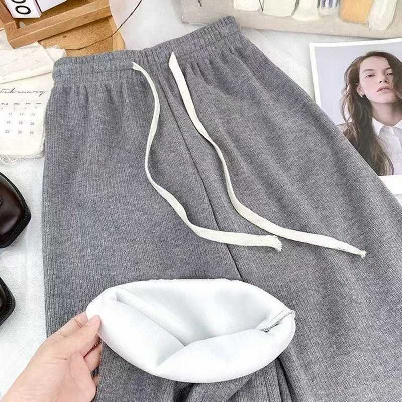 Casual Elastic Waist Fleece Pants Women 2025 Drawstring Lace Up Wide Leg Trousers Woman Pocket Warm Autumn Winter Pants FemaleT251025