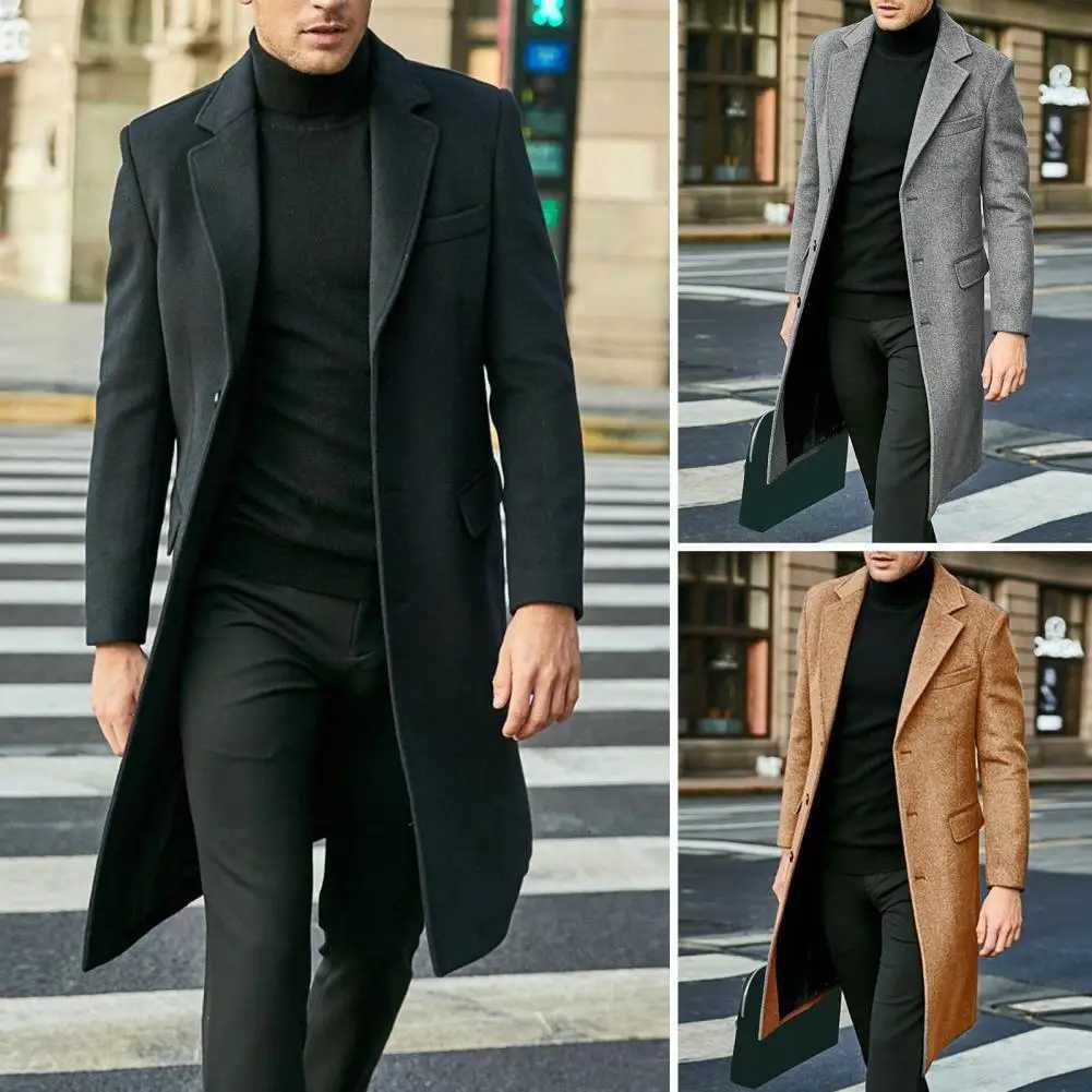 Threebutton Coat Stylish Mens British Style Long Coat Warm Solid Color Windbreaker with Turndown Collar SinglebreastedT251025