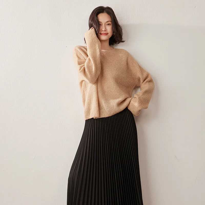 100 Cashmere Sweater for Women Pullover Corn Grain Shiny Silk Sweater Versatile Loose Round Neck Knitted Base Shirt for WomenT251025