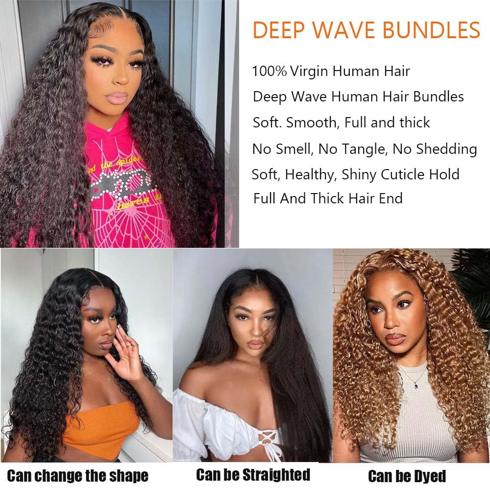 Deep Wave Human Hair Bundles 8-32 Inch 100% Unprocessed Virgin Hair Deep Curly Natural Black Wet And Wavy Bundles - 1 Pack Style Keep Texture Silky So
