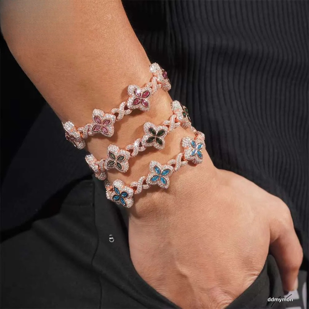 Rich Color Flower Design 18Mm Custom Iced Out Hip Hop Unisex Jewelry Cuban Link Chain Sier VVS Moissanite Bracelet Ddmymon