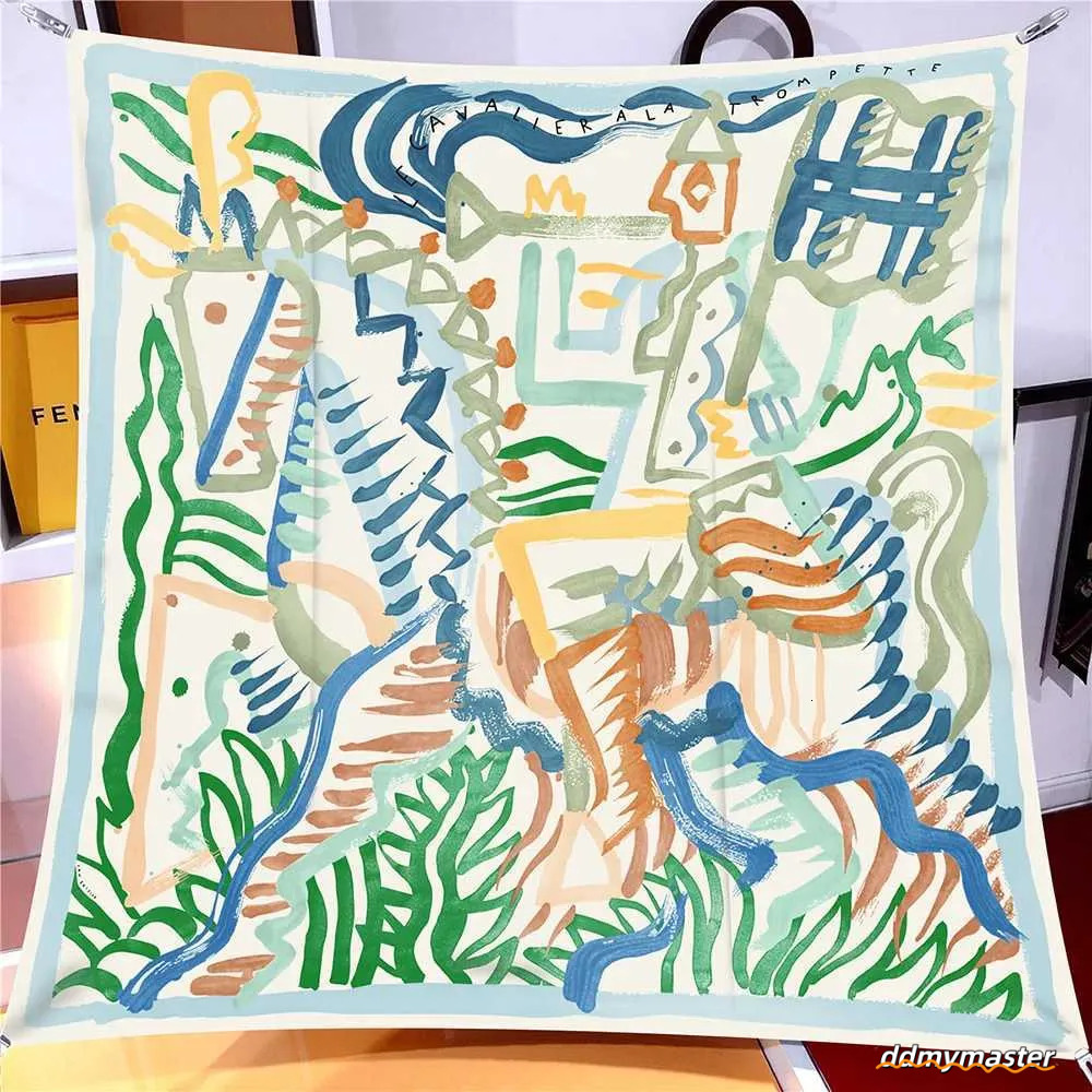 90Cm Twill Silk Scarf Shawl Graffiti Horse Print Square Women Hijabs Bandana Foulard Neckerchief Head Scarves M250709 Ddmymaster