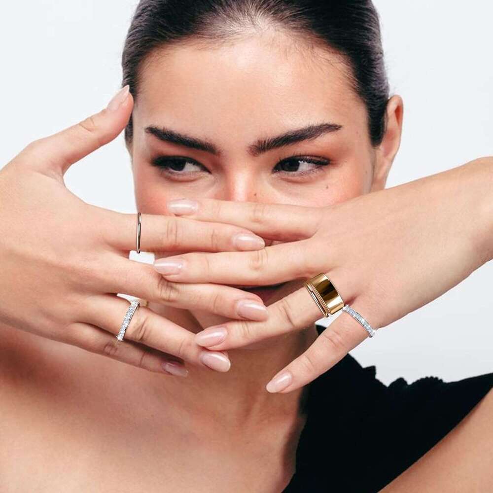 2 Pack 14K Gold Plated Stackable Compatible with Oura Gen 3/4, Cubic Zirconia Simulated Dia Stacking Rings Eternity Bands for Smart Ring