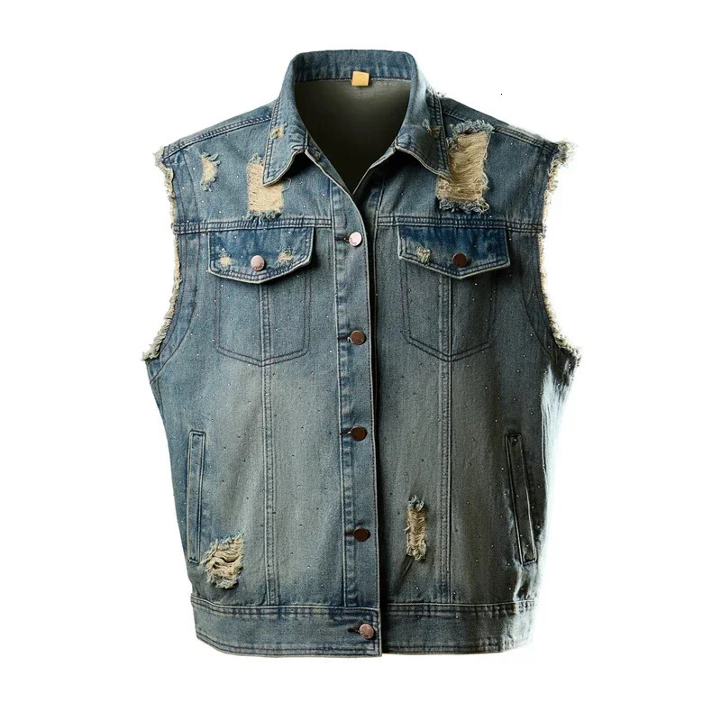 Blue Mens Ripped Sleeveless Denim Jacket Single Breasted Loose Vintage Old Vest Coat 2025 251017