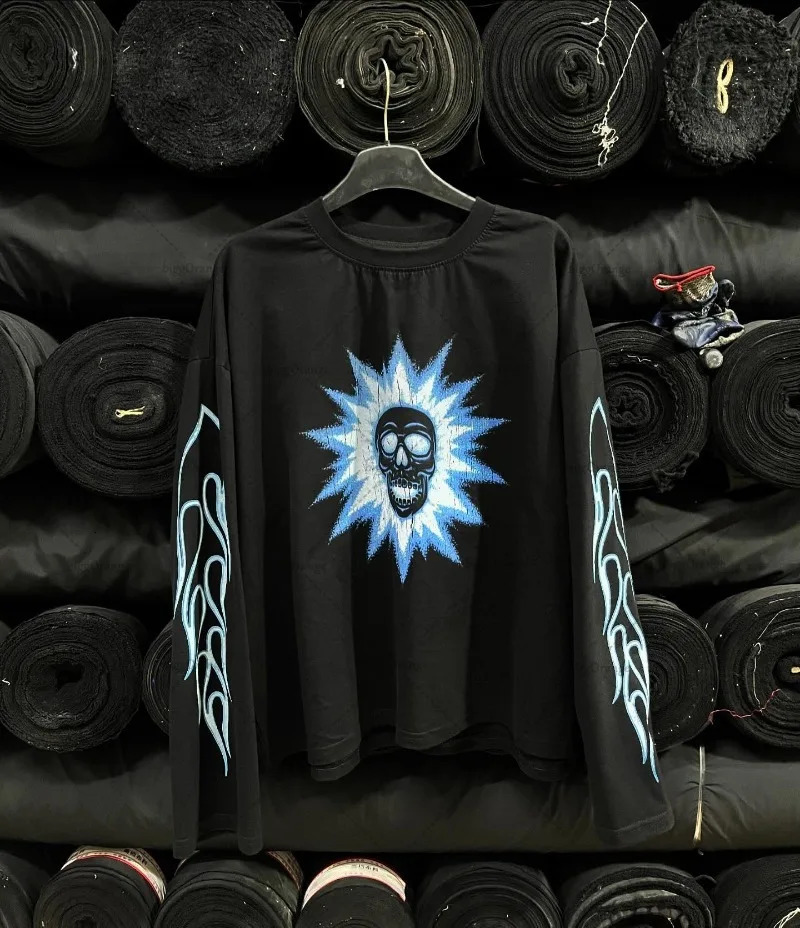 Gothic Punk Harajuku Y2K Casual Loose Black Cotton Long Sleeve Men American Retro Street Hiphop Fashion Oversized Top Women 251020