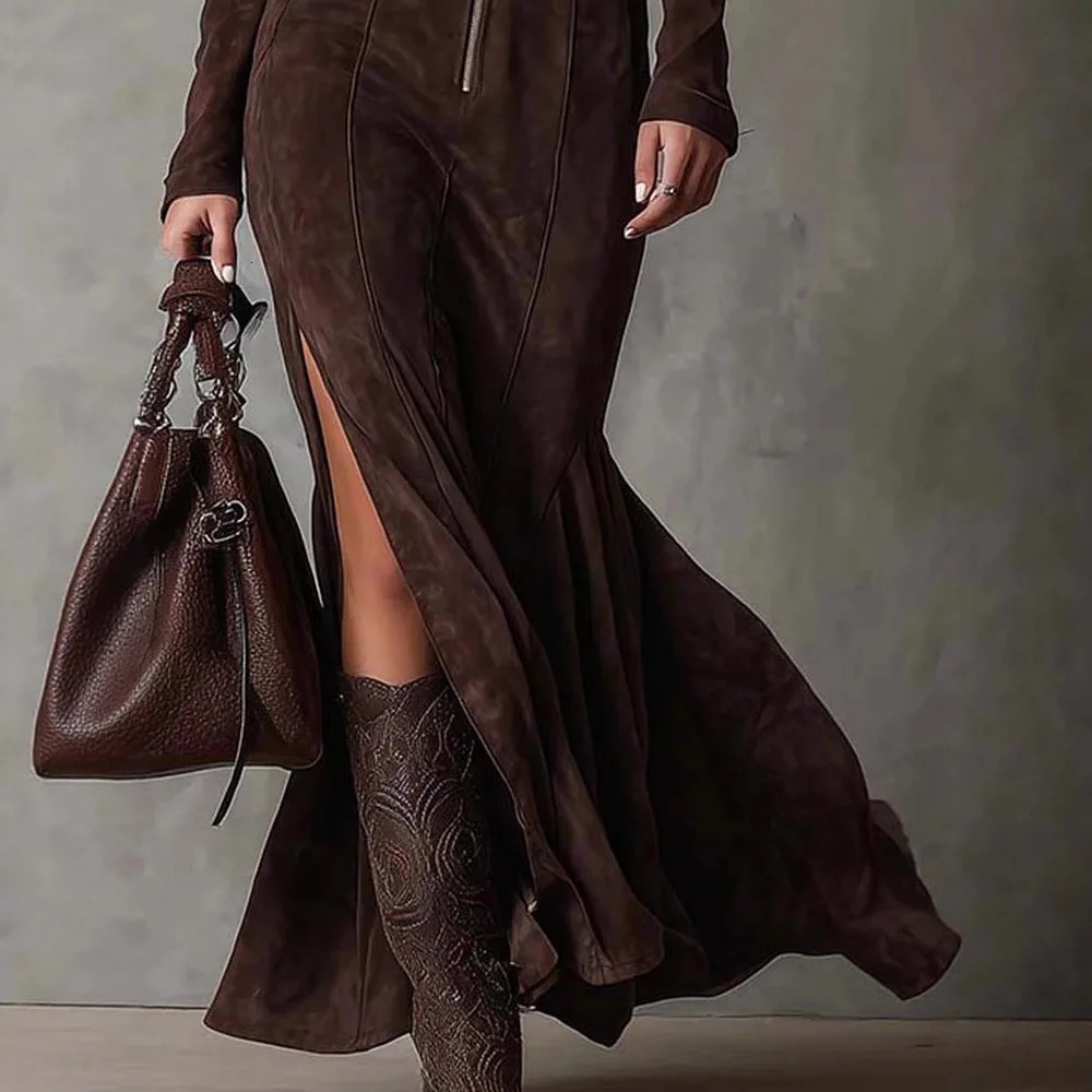 European American Long Dress for Women Solid Long Sleeves High Neck Zipper Maxi Dress Temperament Elegant High Street Dresses 251023