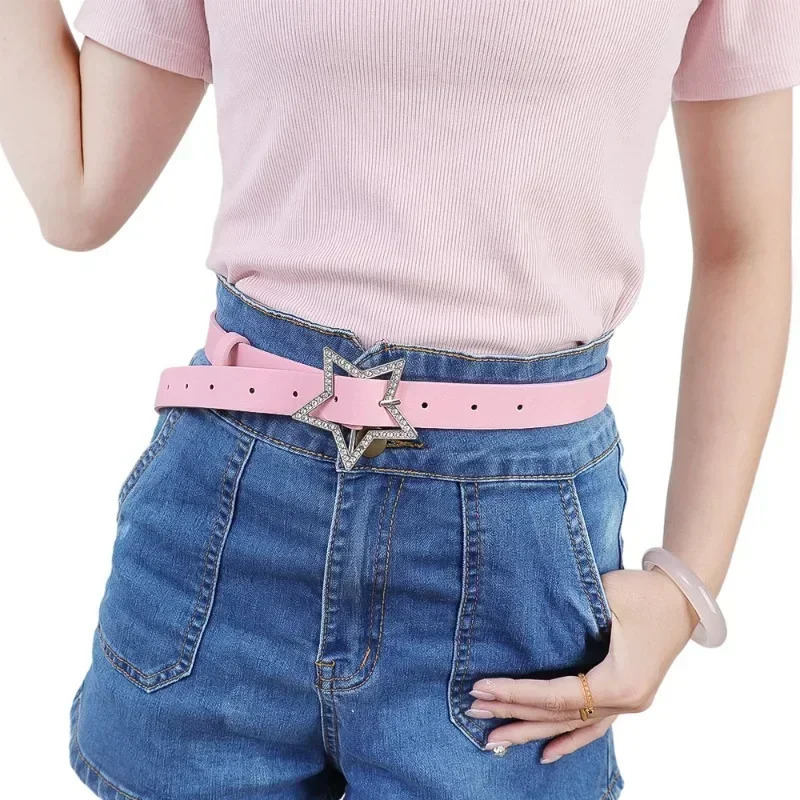 Y2K Star Buckle Belt Pink Leather Elastic Binding Embellished Waistband Sparkling Rhinestone Retro Bride Decoration Accessories 251024