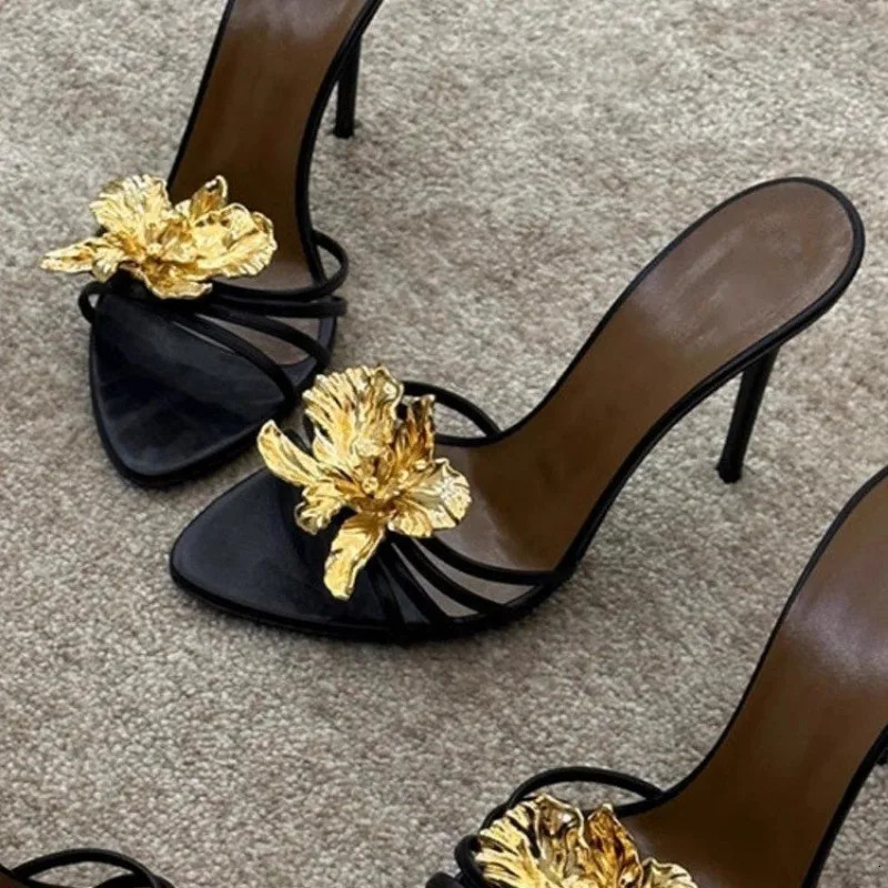Womens Sandals Slippers Summer Metal Flowers Beautiful Fashion Sandals Womens Stiletto High Heels Black Sandals 251023