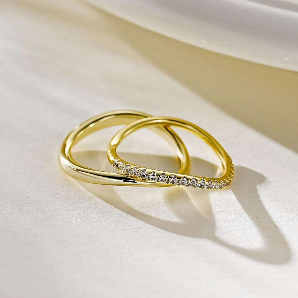 2pairs Stacking Rings for Women 1mm 14K Gold Plated CZ V-Shaped Wavy Band Thin Pinky Thumb Stackable Ring Set Dainty Non Tarnish Comfort Fit Size 5 to