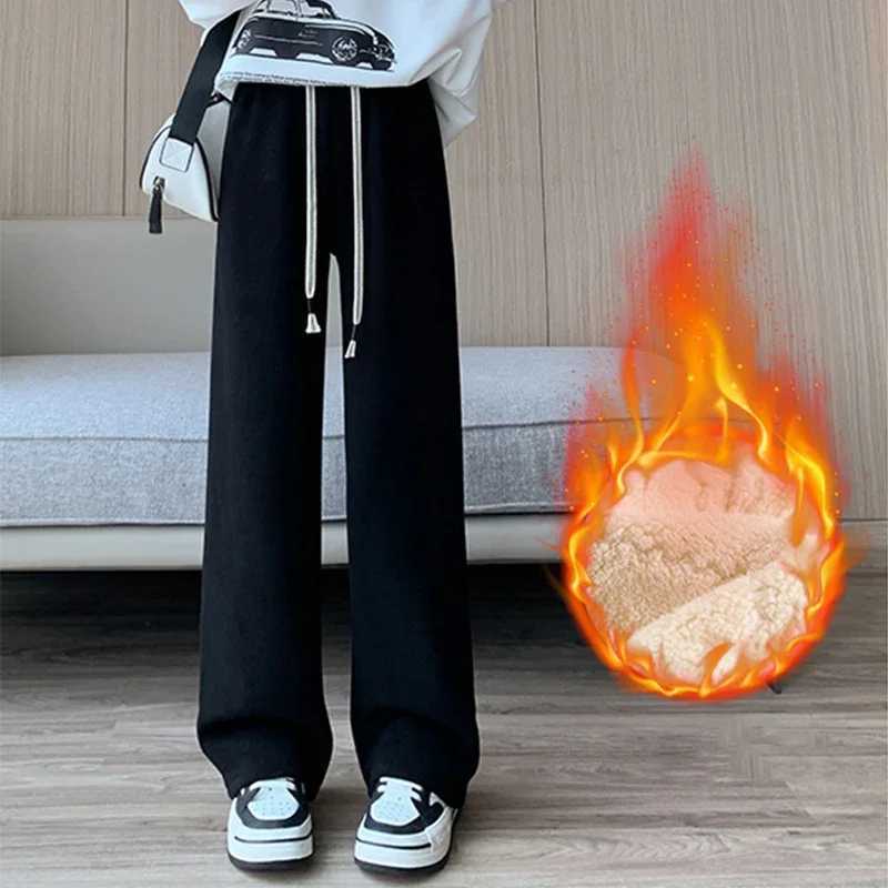 Thicken Warm Faux Lamb Wool Pants Women Winter Casual Loose Wide Leg Cotton Pants Woman Lace Up High Waist Fleece Trousers MujerT251025