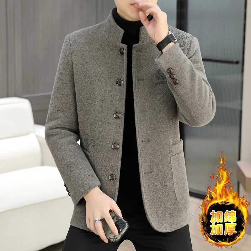 Chinese Style Stand Collar Woolen Jackets Men Winter Thickened Cotton Warm Trench Coat Casual Business Windproof Short OvercoatT251025