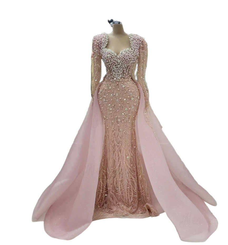 Sparkling Women Evening Dress Long Sleeve Pearls Rhinestone Wedding Dinner Party Bride Gowns Formal Prom Dress Customized