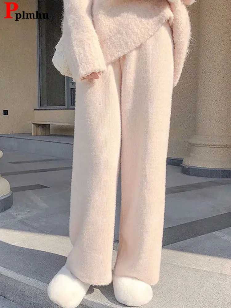 Warm Imitation Mink Knitted Pants Casual Womens Winter Thick Wide Leg Trousers Korean Fashion Plush Velvet Oversize 5xl PantalonT251025