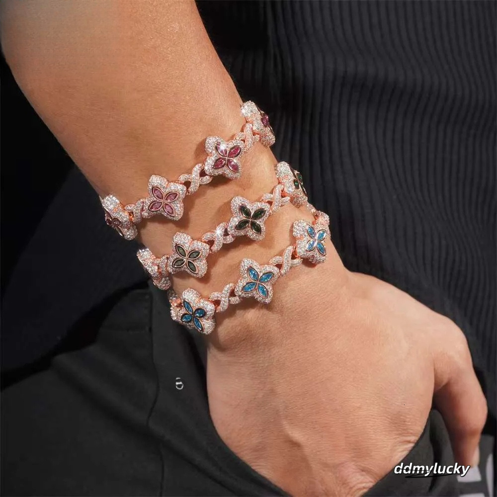 Rich Color Flower Design 18Mm Custom Iced Out Hip Hop Unisex Jewelry Cuban Link Chain Sier VVS Moissanite Bracelet Ddmylucky