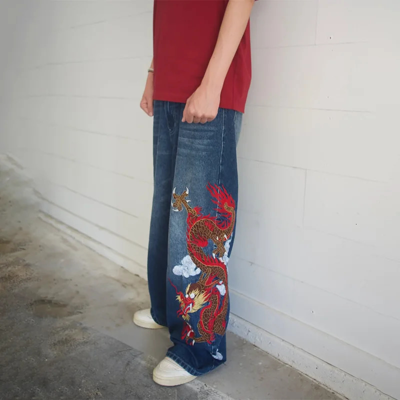 Y2K Baggy Jeans Dragon Graffiti Embroidery Dark Blue Loose Wide Leg Distressed Jeans High Waist American Vintage Goth Streetwear 251024