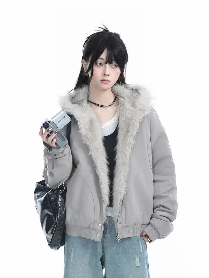 Y2K Fashion Niche Fur Collar Cotton Hooded Jacket Women Retro Streetwear Loose Plus Velvet Warm Harajuku Casual Plush Jacket 251020