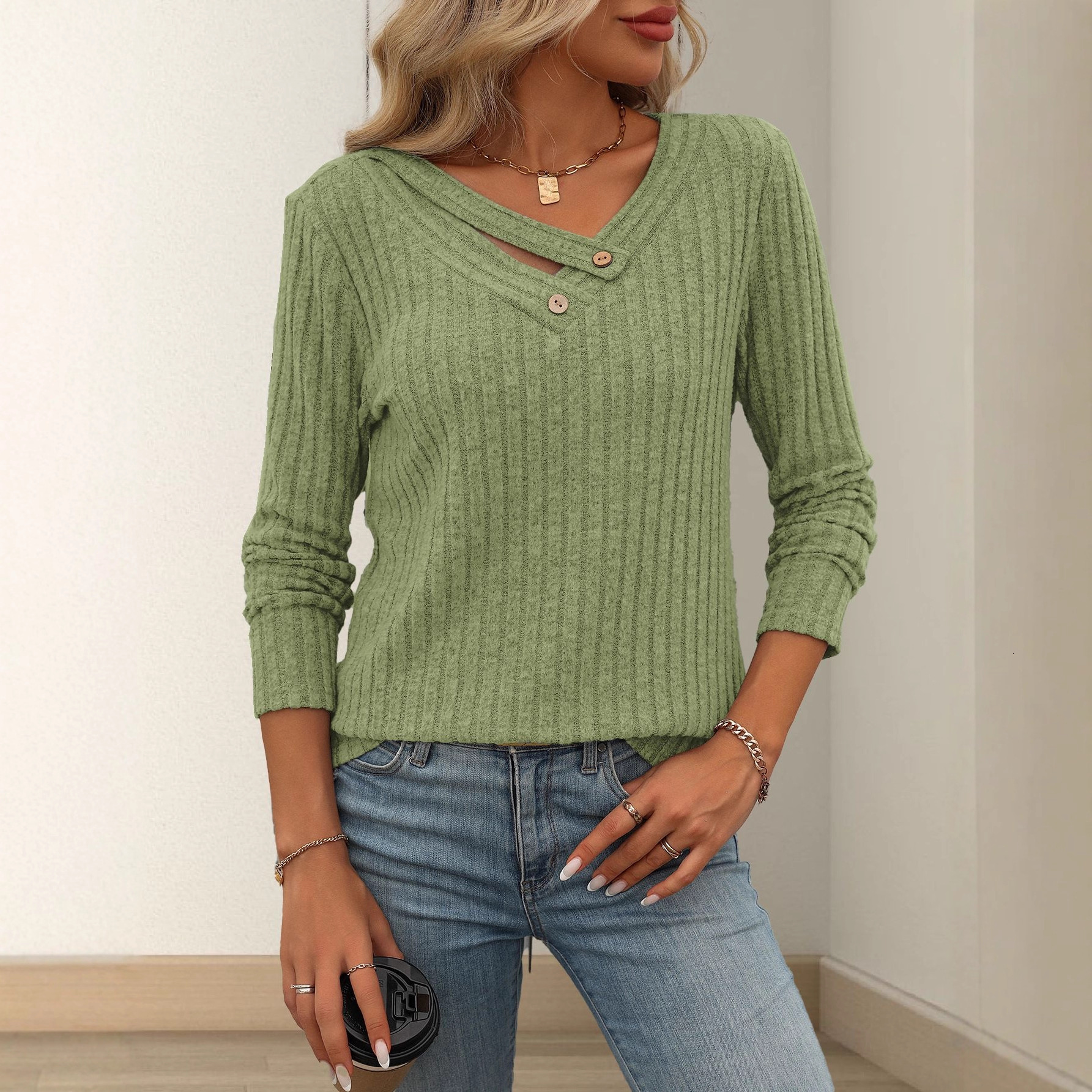 2025 New Womens Clothing Independent Knitted Top Long Sleeve Button Solid Color Vneck Women
