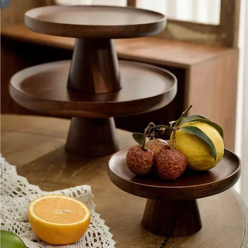 Ins Walnut Color Solid Wood Cake Tray Style Household Living Ro Dish Dessert Table Display Frame Vintage Wood Fruit Tray Y251025